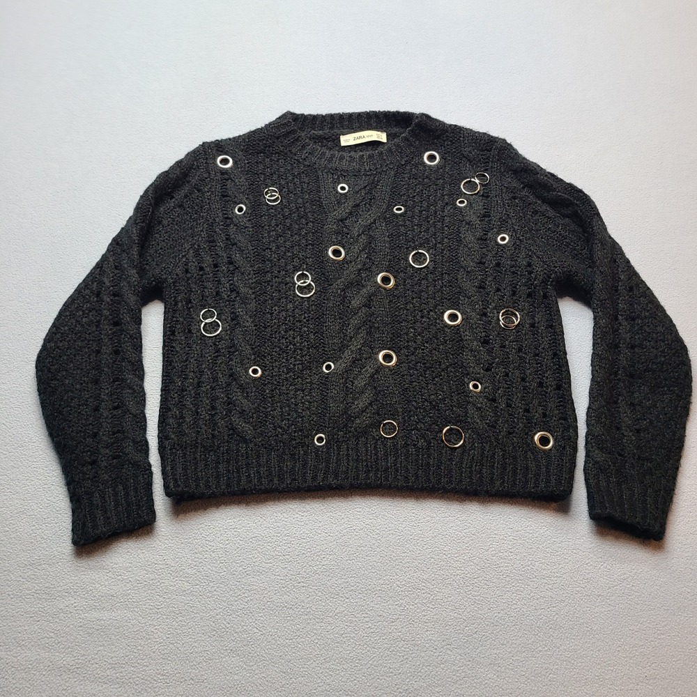 Zara Knit Sweater Womens M Charcoal Excellent Grommet Metal Ring Cable Knit